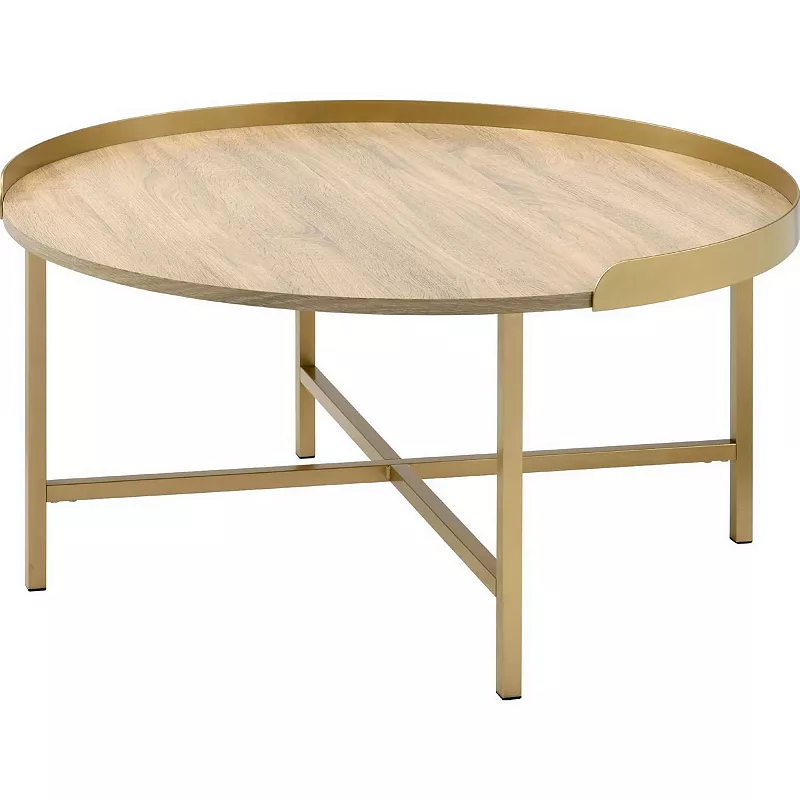 Kai 34 Inch Wood Coffee Table， Round Tray Top， Metal Accent， Brown， Brass