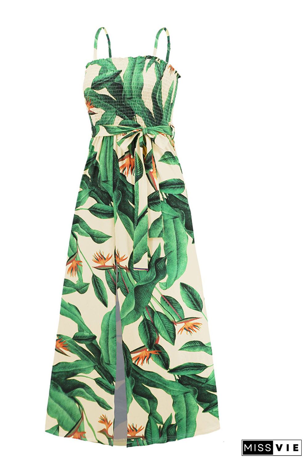 Tropical Print Smocked Top Spagetti Strap Maxi Dress