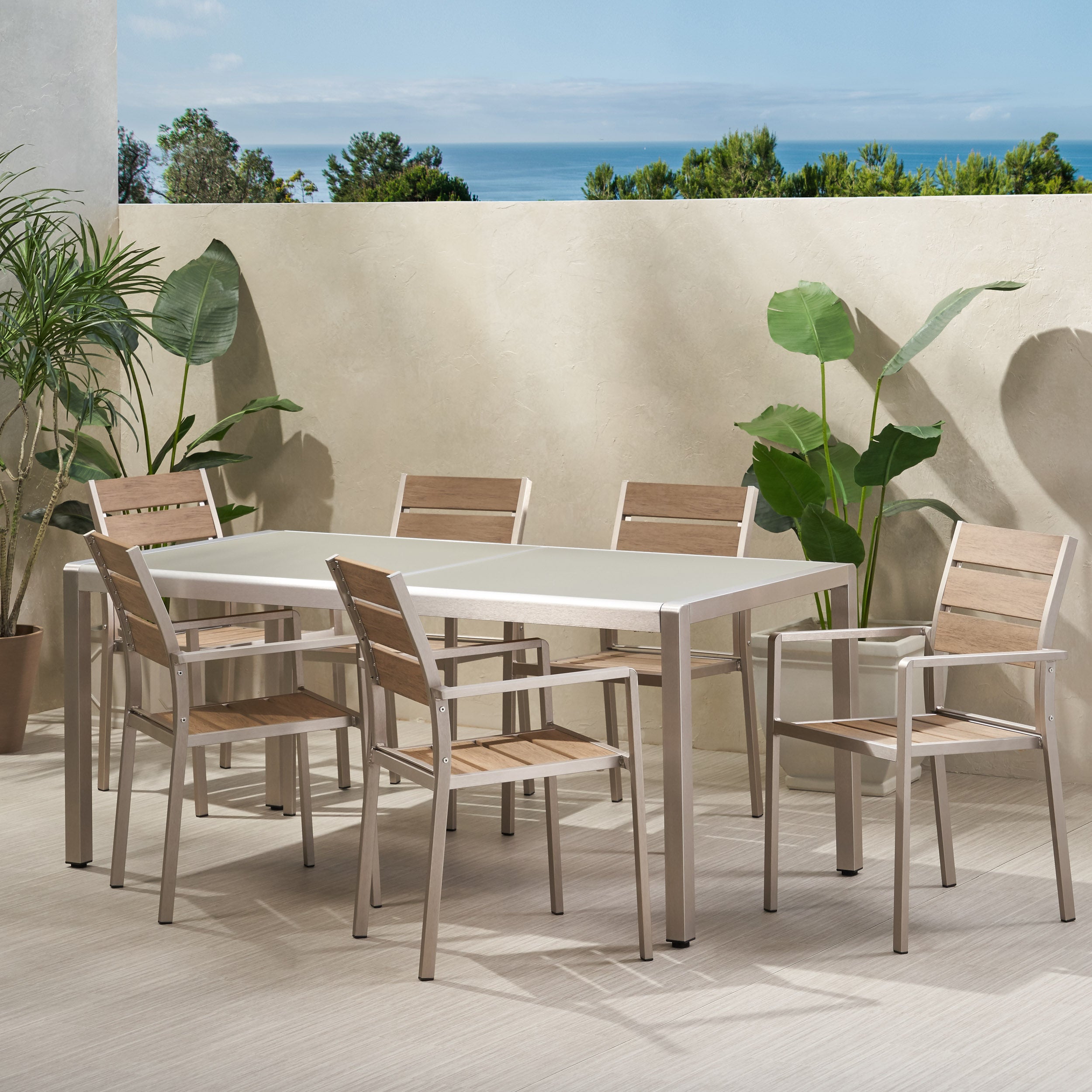 Cherie Outdoor Modern 6 Seater Aluminum Dining Set with Tempered Glass Table Top