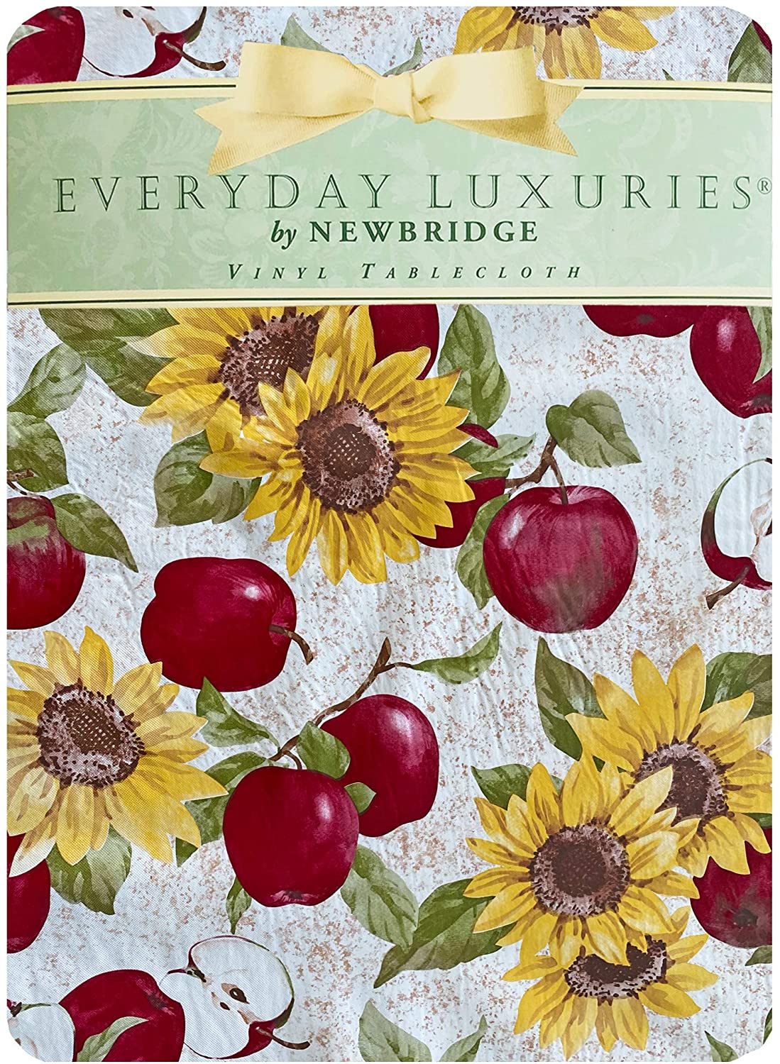 Newbridge Day Break Apples Cottage Print Vinyl Flannel Backed Tablecloth， Apples and Sunflower Design Indoor/Outdoor Waterproof Tablecloth for Patio and Kitchen Dining， 60 Inch x 84 Inch Oval