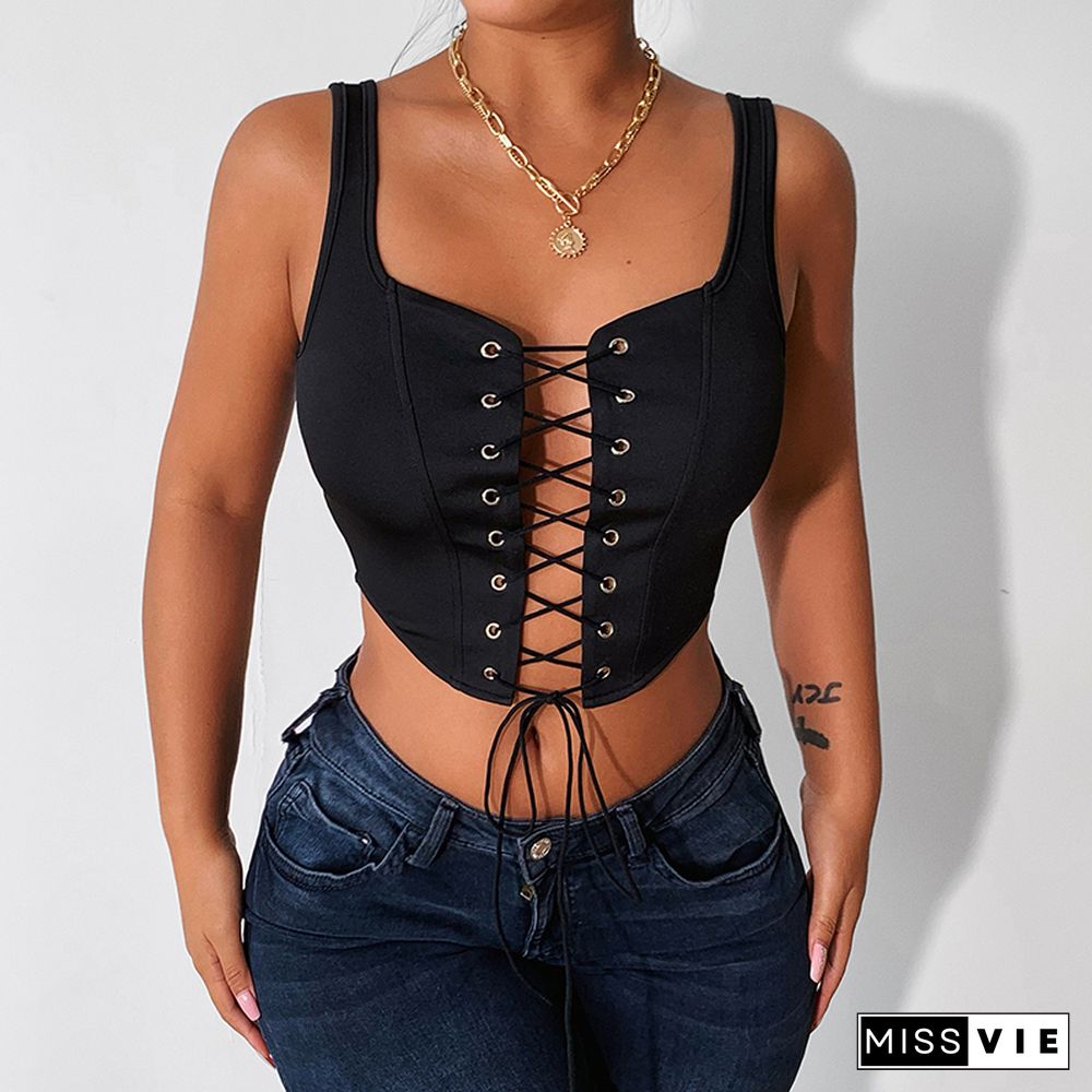 Street Sexy Hollow Bandage Camisole Corset Bustier Tops Women Sleeveless Low Cut Skinny Tank Top Summer Fashion Tie Up Crop Top