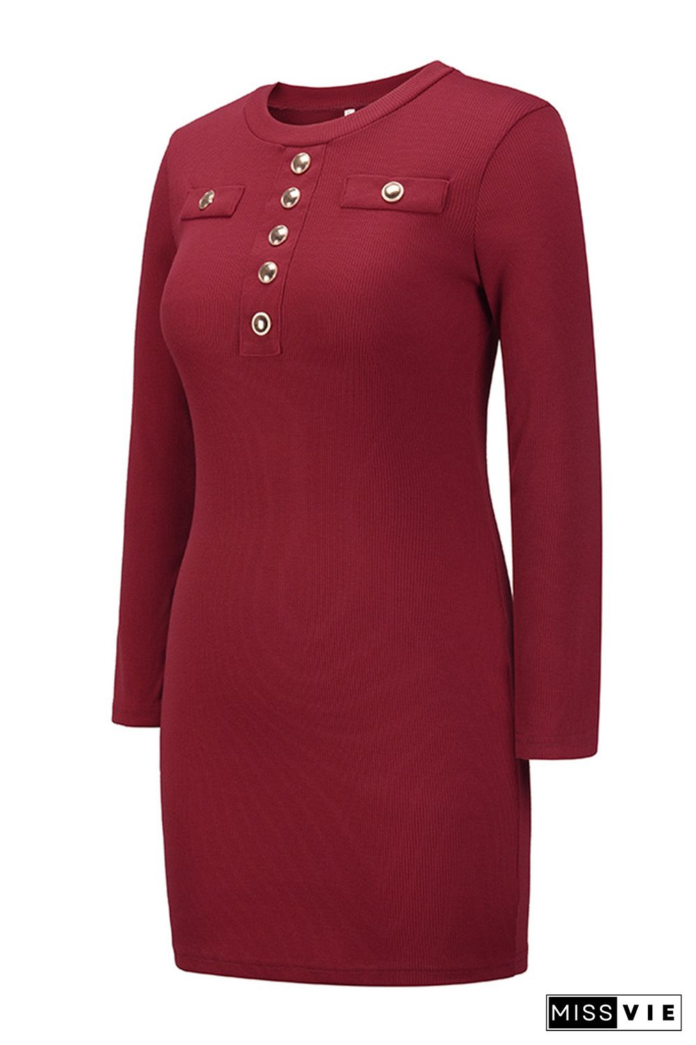 Button Rib Slim Fit Long Sleeves Dress