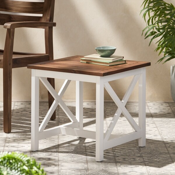 Outdoor Two Toned Side Table with Xshaped Supports and a Slatted Tabletop