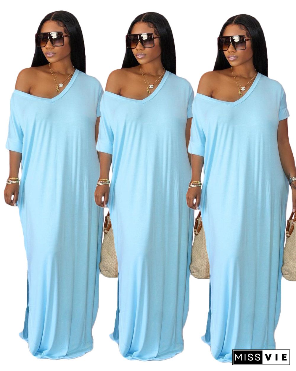 Summer Casual Women V-neck Solid Color Short Sleeve Loose Fitting Floor Length Dress