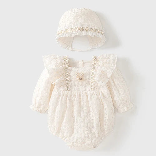 Autumn Spring Lovely Princess Style Infant Baby Girls Long Sleeve Jumpsuit+Hat Baby Girl Clothing Toddler Baby Girl Romper