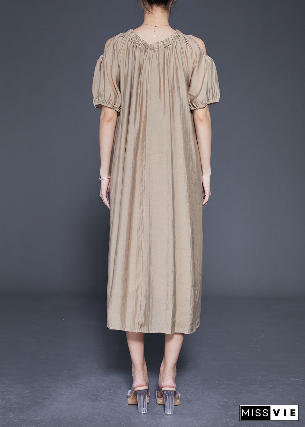 Khaki Cold Shoulder Silk Party Dress Oversized Summer