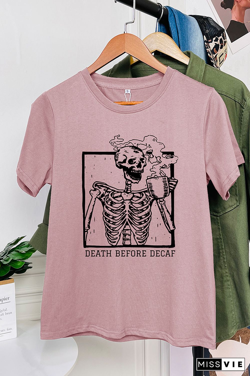 Skeleton Death Before Decaf Skeleton Drink Coffee Graphic T-Shirt Wholesale