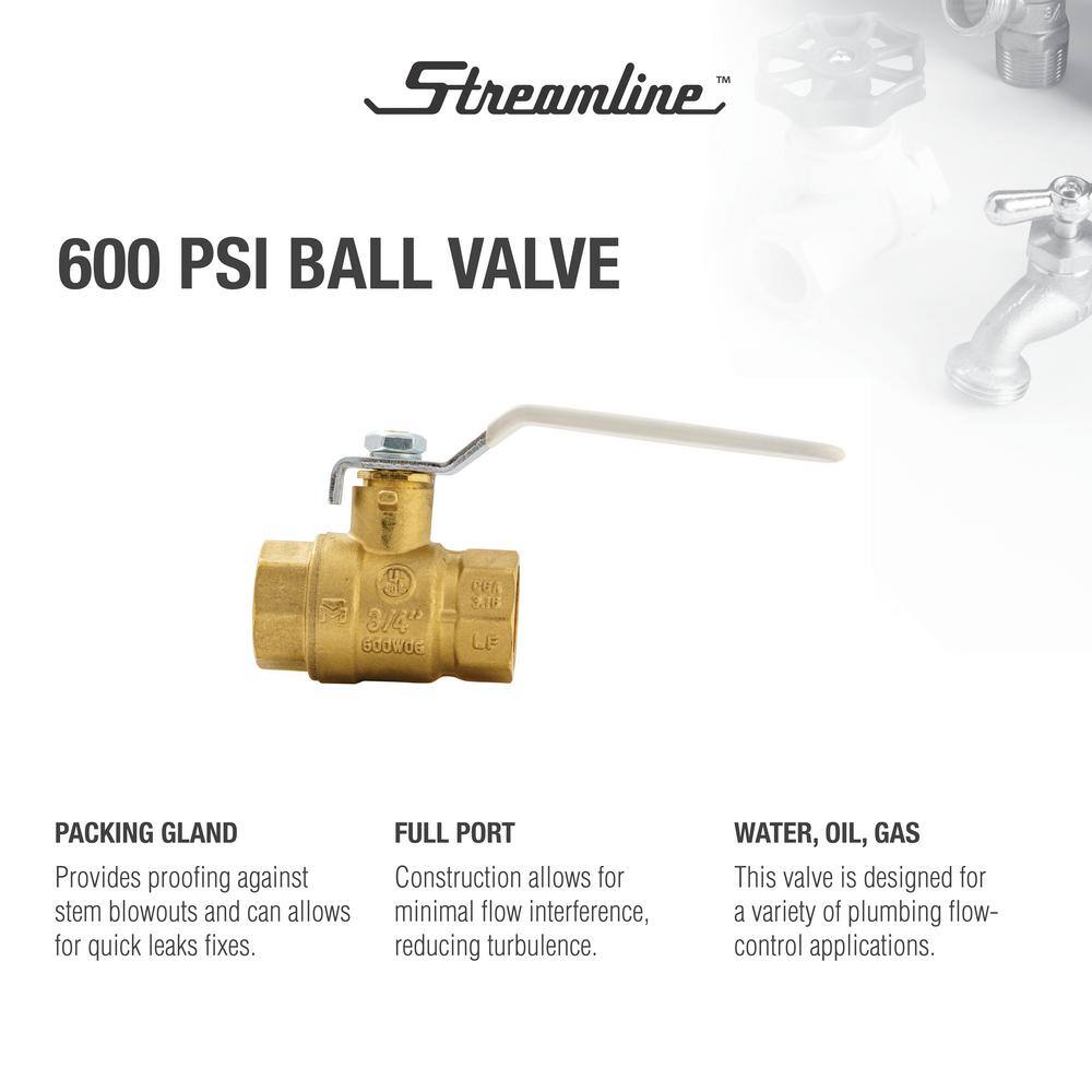 Streamline 34 in. Brass FPT Full Port Packing Gland Ball Valve 117-824H