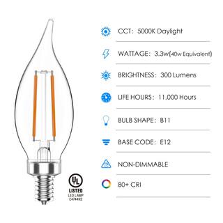 40-Watt Equivalent B11 Non-Dimmable E12 Candelabra Clear Glass Filament LED Vintage Edison Light Bulb Daylight (8-Pack) CF35-2C 3.3W 120V E12 5000K Ra80