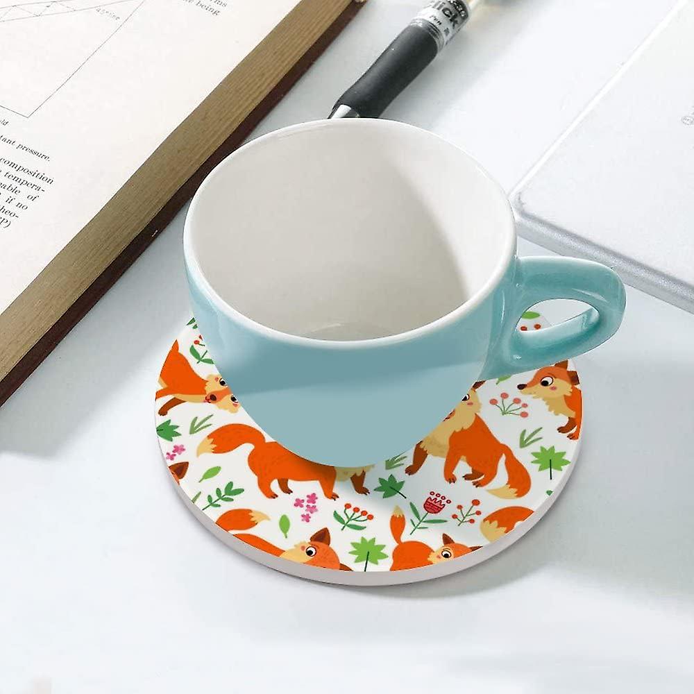 4pcs Round Fox Flowers Leaves Ceramic Coasters With Cork-backed For Coffee Drink Cup Mat Absorbent Stone Coasters