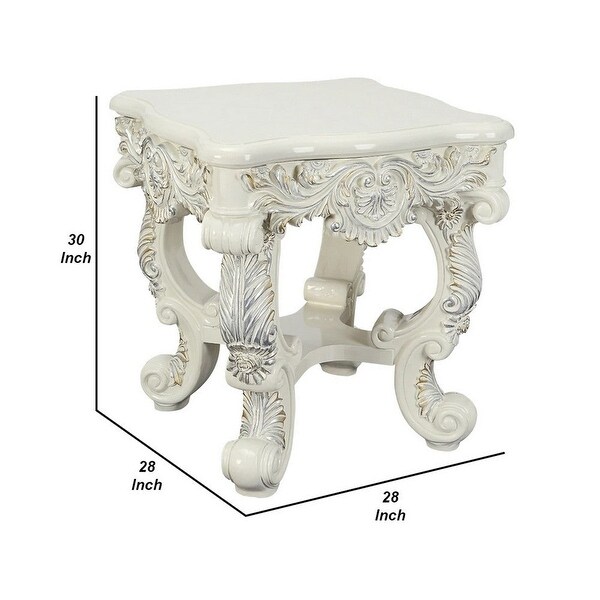 Ataa 28 Inch Square End Table， Ornate Floral Carvings， Claw Feet， White - 28 L x 28 W x 30 H Inches