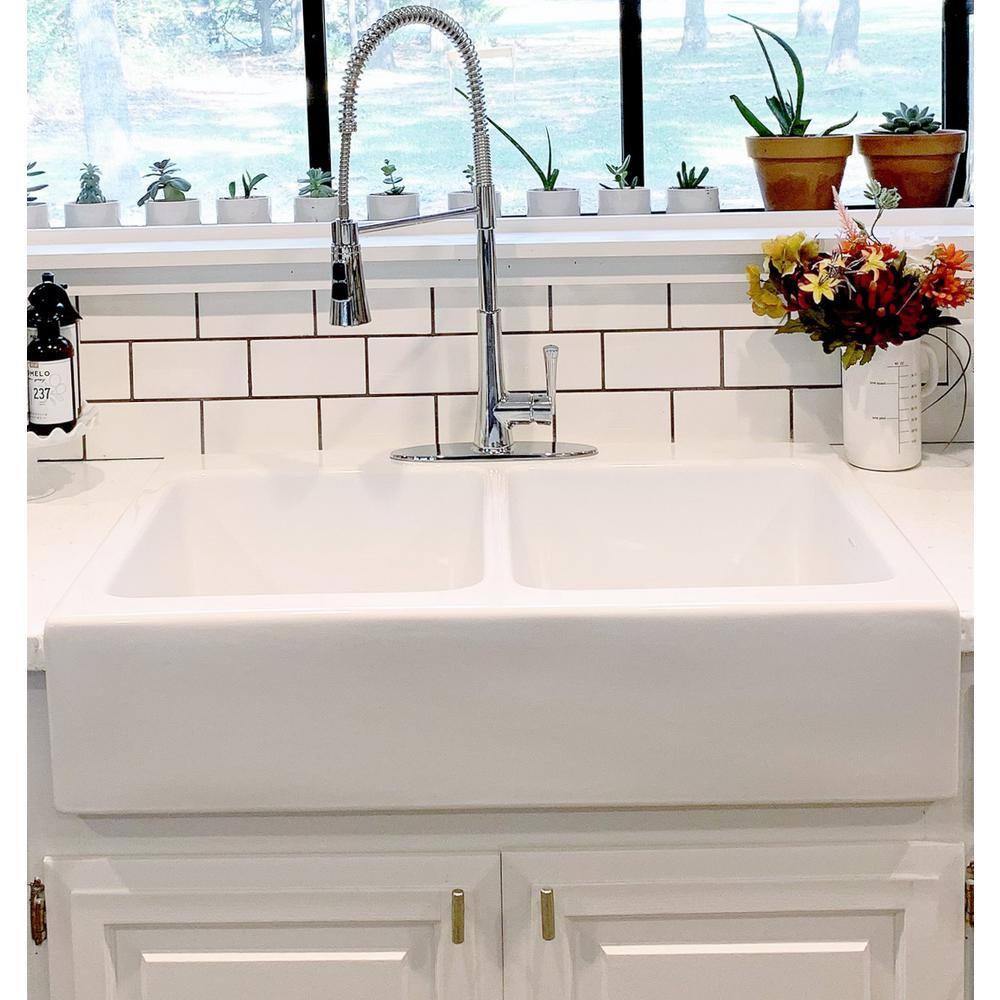 SINKOLOGY Josephine 34 in. Quick-Fit Drop-In Farmhouse Double Bowl Crisp White Fireclay Kitchen Sink SK453-34FC