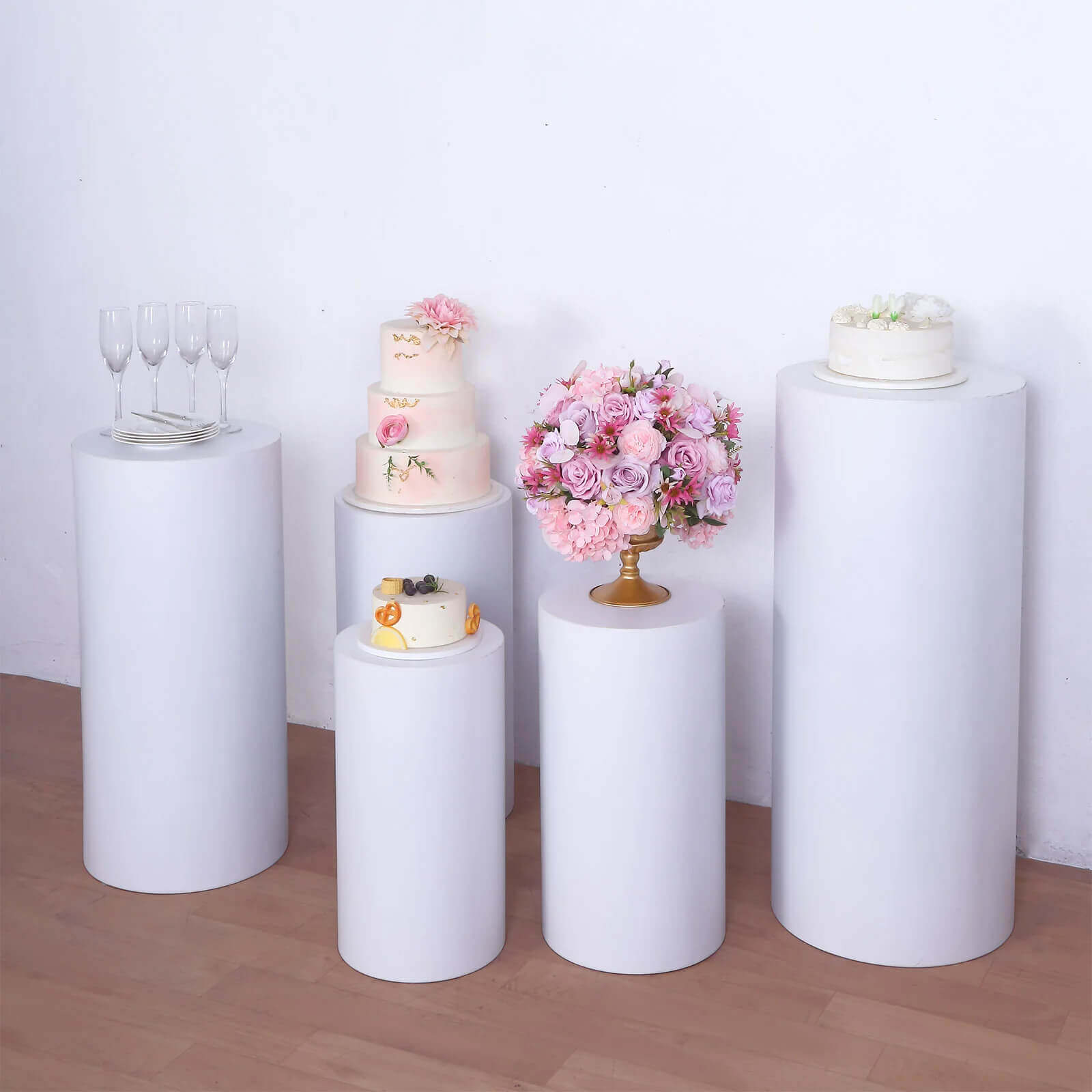 Set of 5 White Metal Cylinder Pillar Prop Stands For Wedding Aisle, Round Plinth Pedestal Display Boxes - 20