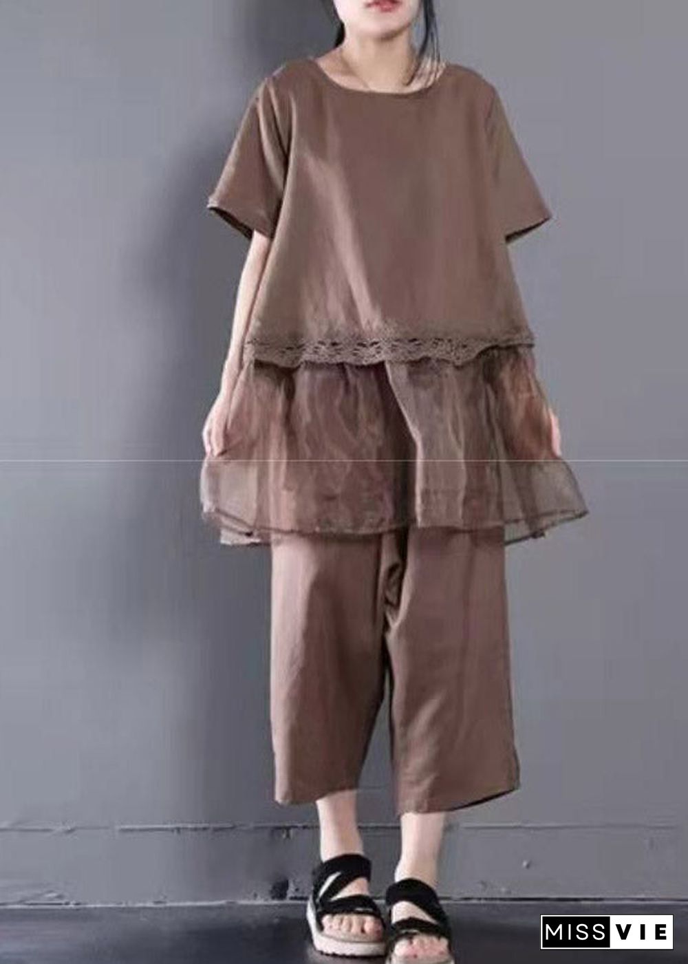 Loose Baggy Chocolate O-Neck Top And Crop Pants Two Pieces Set Summer