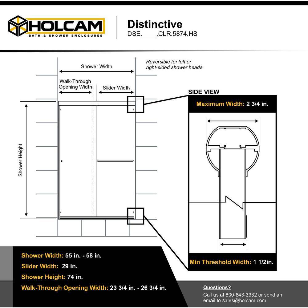 Holcam Distinctive 58 in. x 70.5 in. Frameless Sliding Shower Door in Matte Black DSE.MBL.CLR.5874.HS