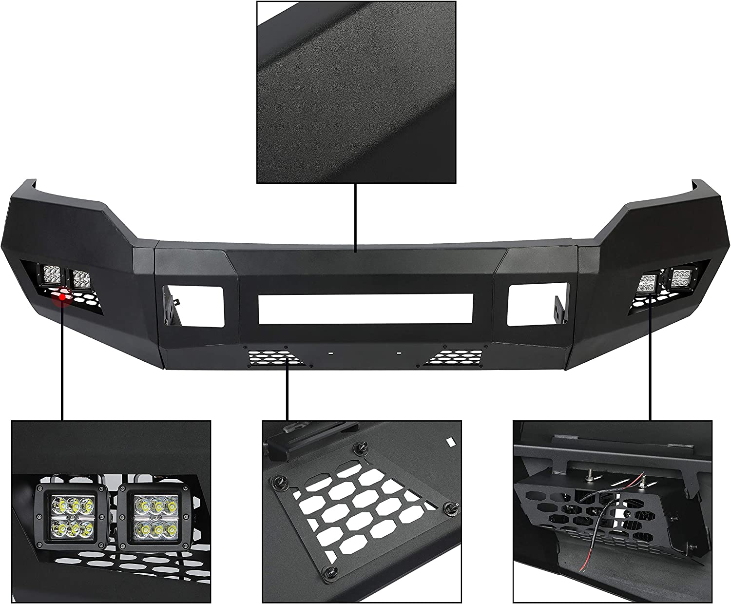 HECASA 3-Piece Modular Front Bumper for 2011-2016 Ford F250 F350 2/4WD Super Duty w/ LED Lights