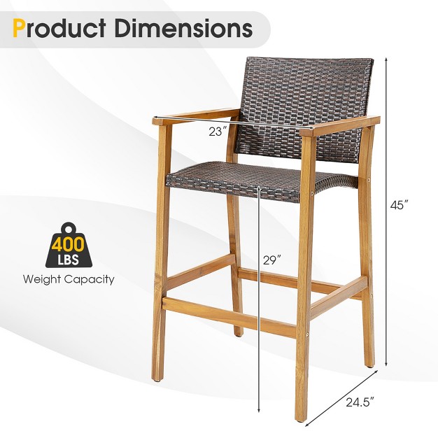 Costway 2pcs 4pcs Patio Pe Wicker Bar Chairs Height Barstools With Acacia Wood Armrests Balcony