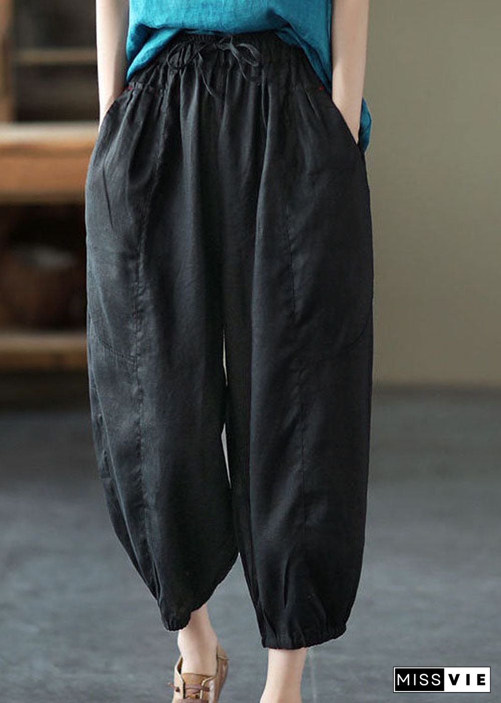 Classy Black Pockets Patchwork Linen Harem Pants Summer