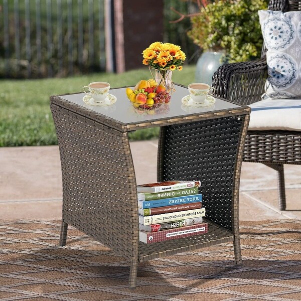 Patio Wicker Table，Outdoor Rattan Side Table，Coffee Table w/ Storage Tempered Glass Top Bistro Table，Brown