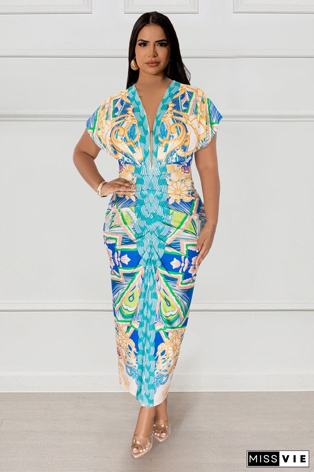 Tribal Print V Neck Short Sleeve Ruched Slit Bodycon Vacation Midi Dress