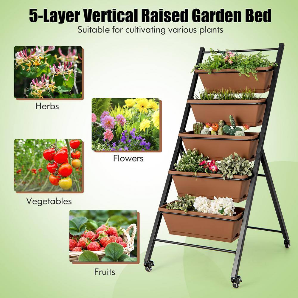 Costway 5-Tier Vertical Raised Garden Bed Elevated Planter with Wheels and Container Boxes NP10949CF