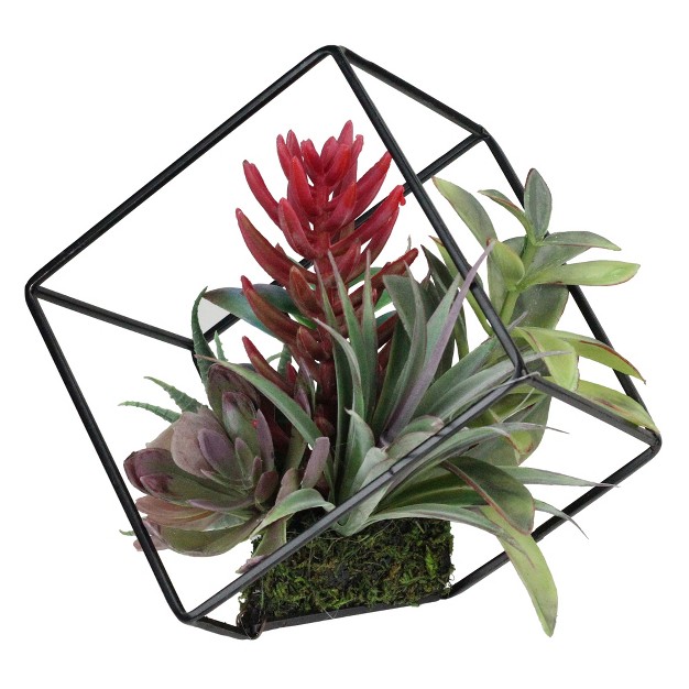 Succulent Artificial Arrangement In Black Wire Terrarium - Green/black