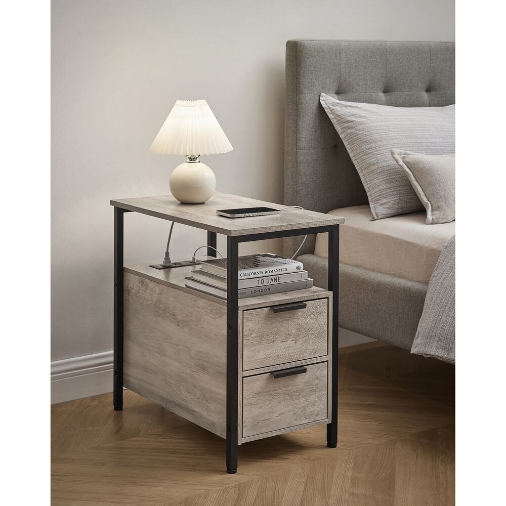 Slim Side Table Nightstand End Table with 2 Drawers and Charging Station for Small Spaces   23.6” x 13.8” x 24”