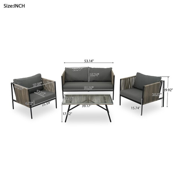 4Piece Outdoor Metal Frame Rope Conversation Sofa Set with Glass Table