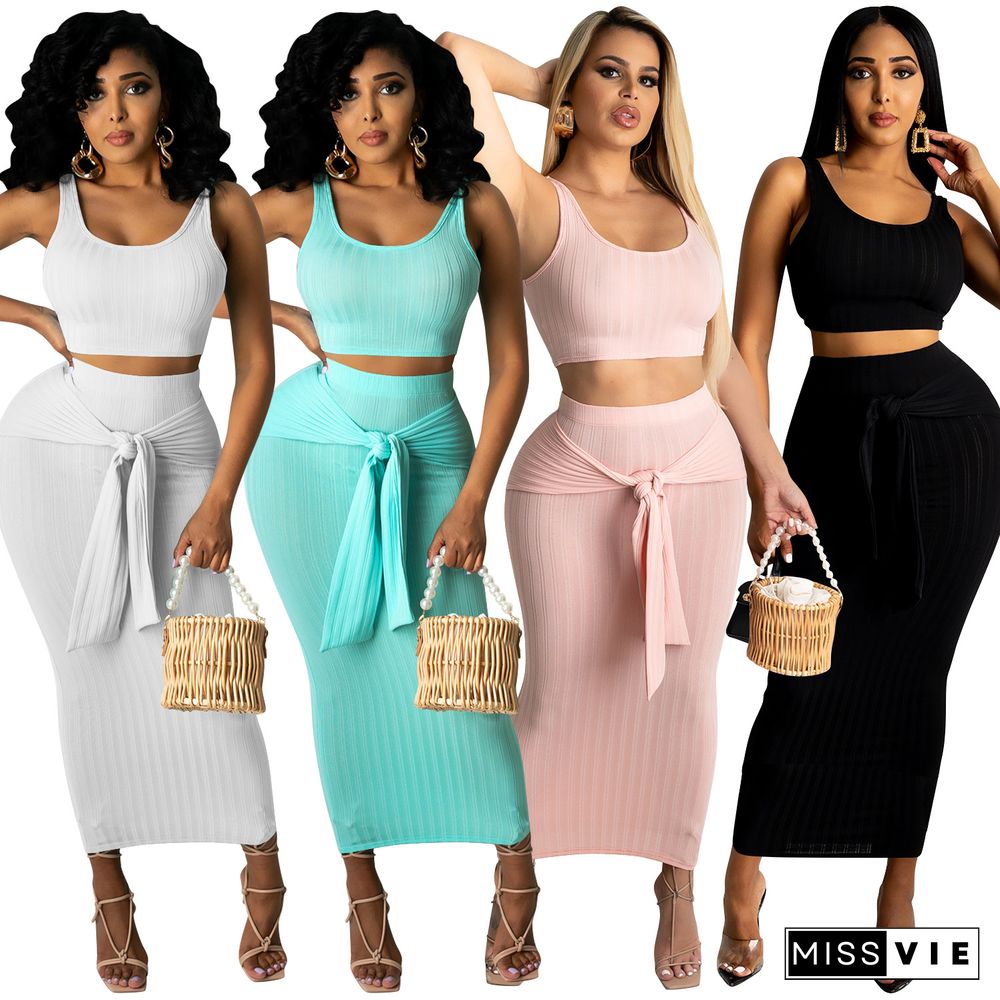 Women Summer Clothing Solid Sleeveless Vest Crop Top Bodycon Long Skirts Sexy Club Party Two Piece Set