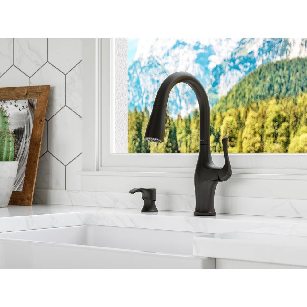 Pfister Wray Single-Handle Pull-Down Sprayer Kitchen Faucet with Solo Tilt Soap Dispenser in Matte Black F-529-7WRYB