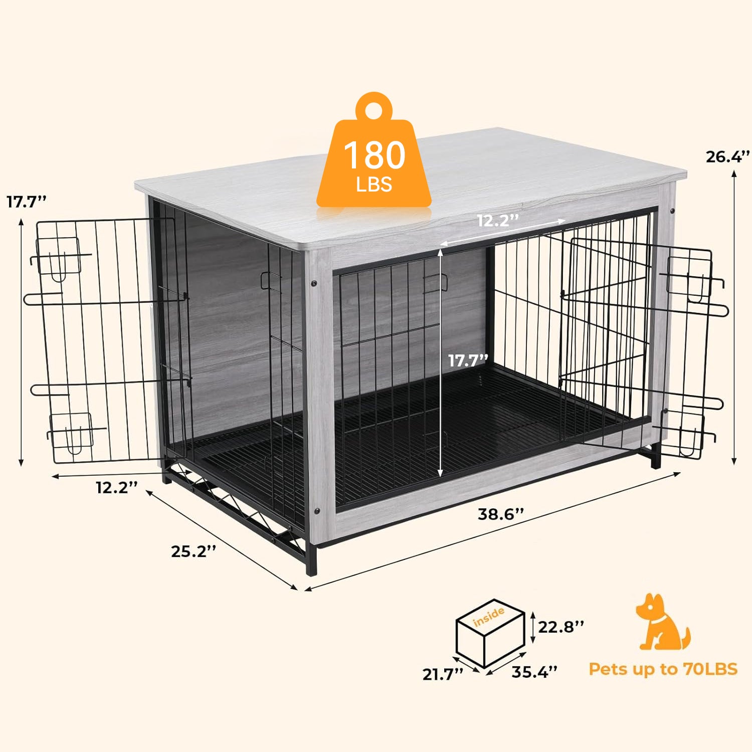 Dog Crate Furniture 38.6-inch Side End Table, Dog Cage with Pull-Out Removable Tray