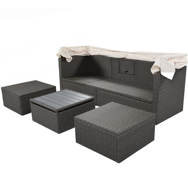 4Piece Outdoor Wicker Sectional Patio Daybed with Canopy and Ottoman