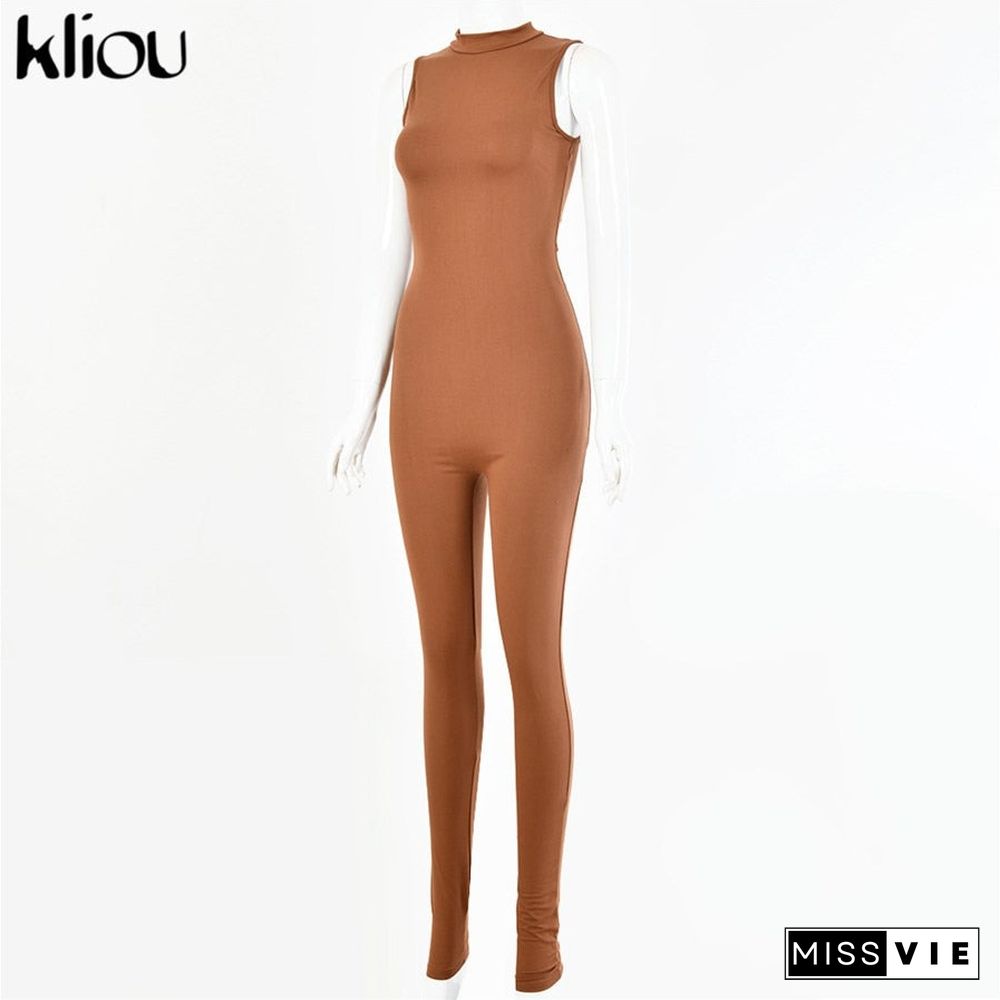 Kliou new jumpsuit women elastic hight casual fitness sporty rompers sleeveless zipper activewear skinny summer outfit