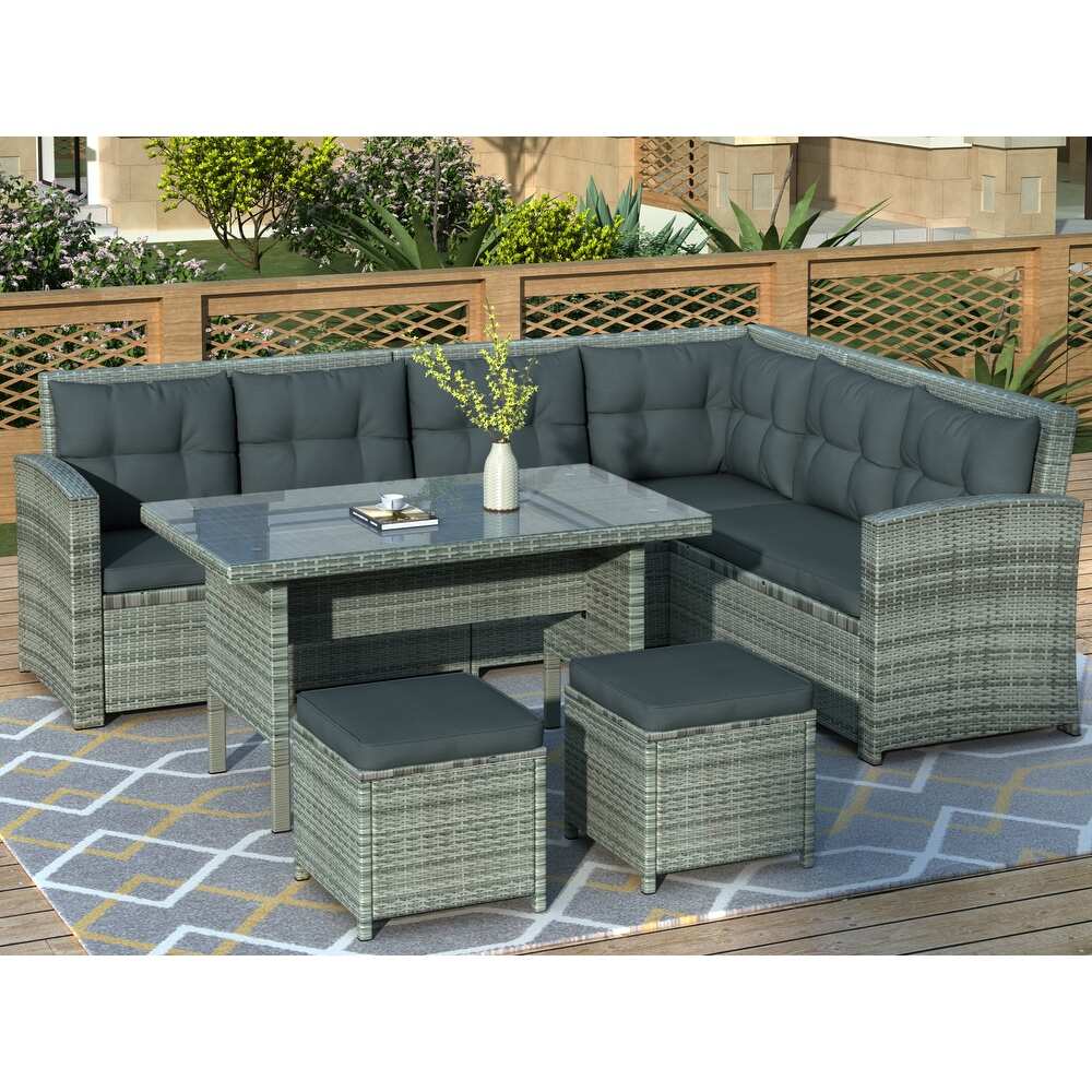 6 Piece Pool Backyard Sectional Sofa Set with Glass Table Ottoman Gray