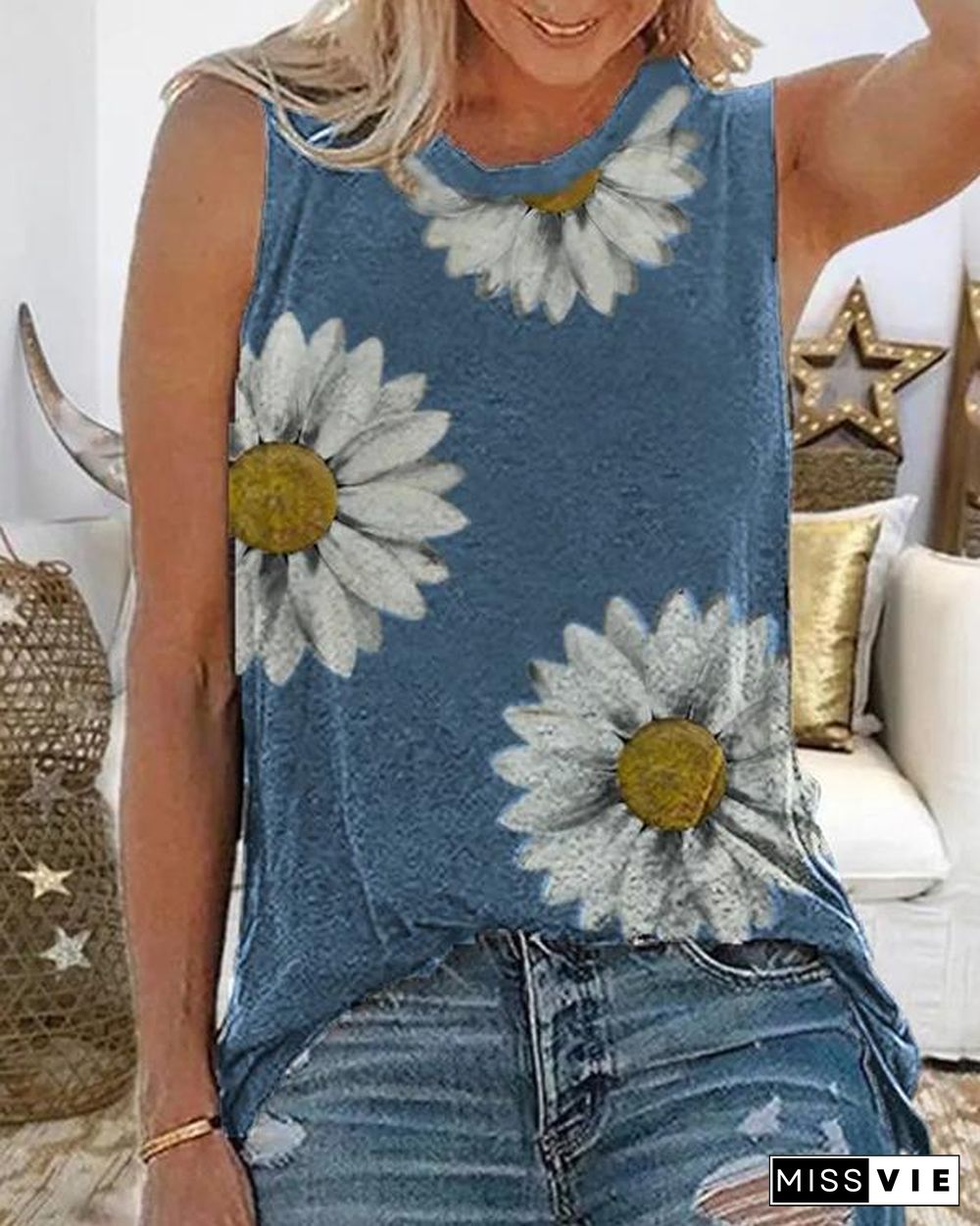 Plus size Floral Casual Sleeveless Shirts & Tops