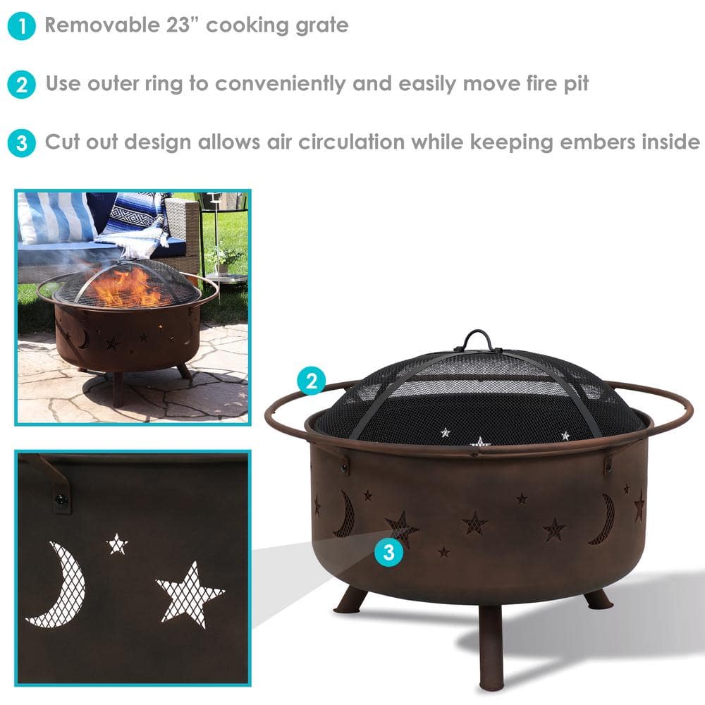 Sunnydaze Decor Cosmic 30 in. x 20 in. Round Bronze Steel Wood Burning Fire Pit with Cooking Grill and Spark Screen NB-MS201