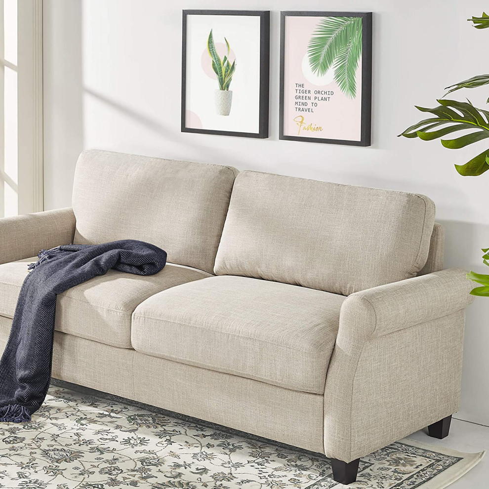 Contemporary Loveseat  Polyester Cushioned Seat With Rolled Arms  Beige   Transitional   Loveseats   by Declusia  Houzz