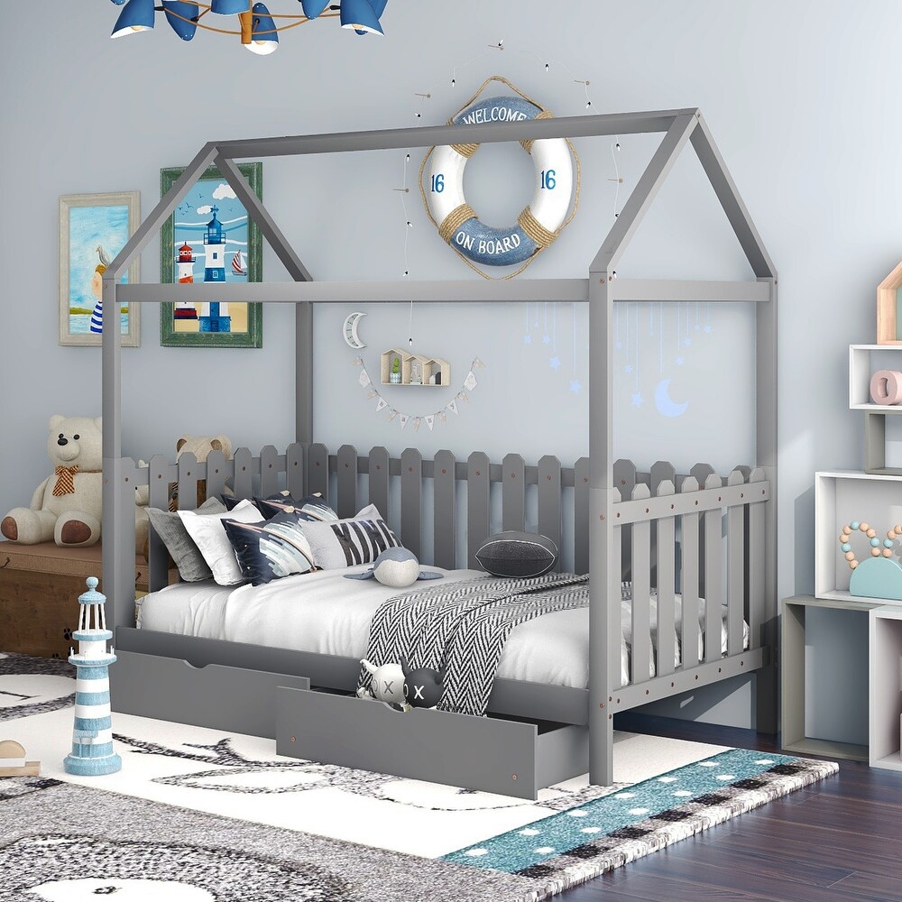 Twin Size House Bed with drawers  Fence shaped Guardrail  Gray