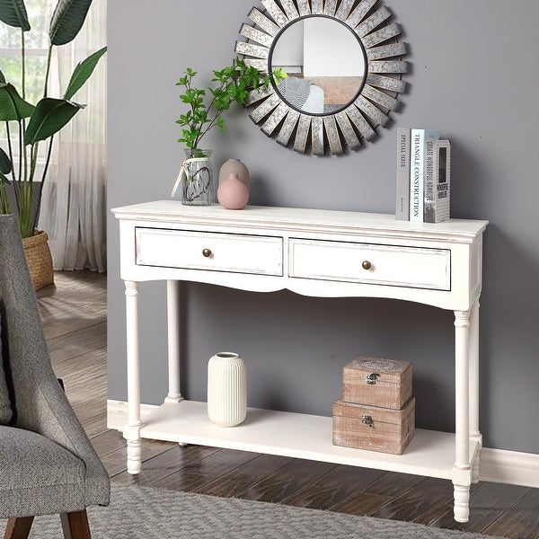 Distressed White Wood 2-Drawer 1-Shelf Console and Entry Table