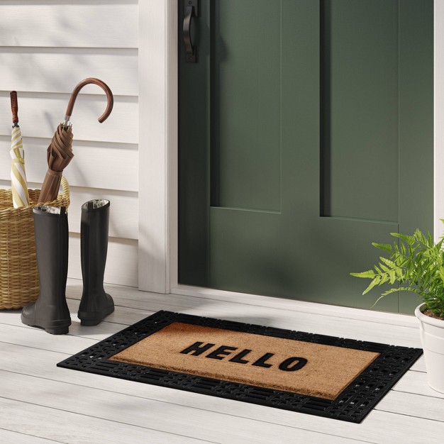 x27 hello x27 Rubber Coir Doormat Natural black