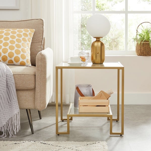 VASAGLE Square Sofa Side Table， Gold-colored， Tempered Glass， Steel Frame - 19.69