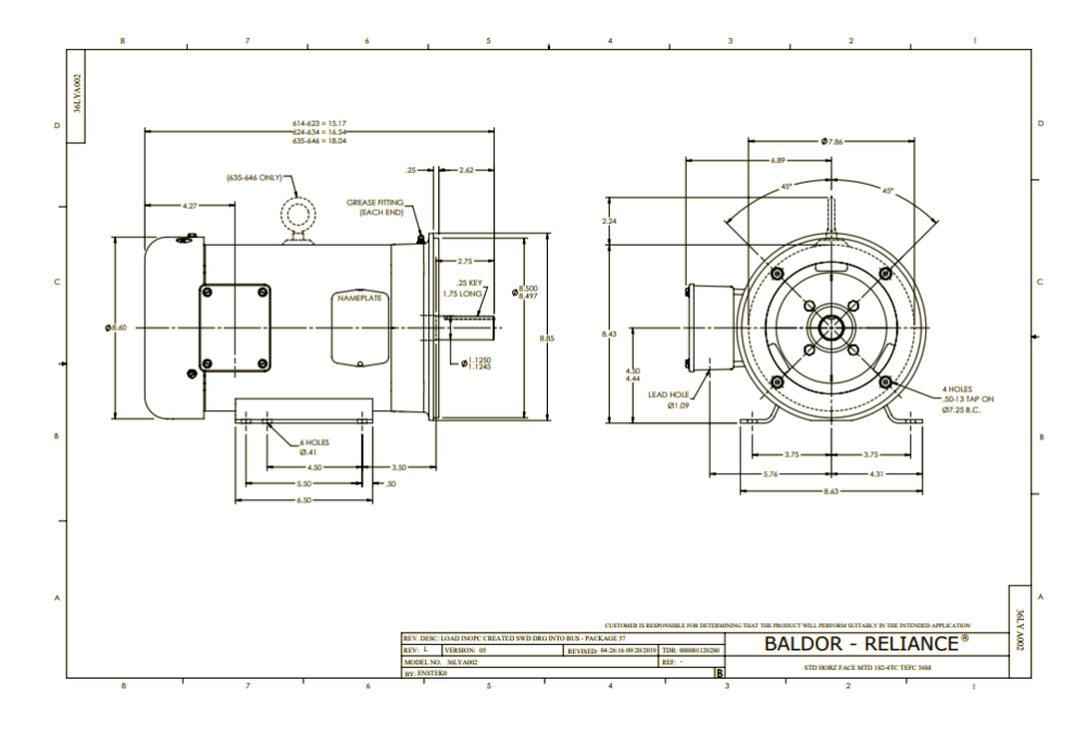 Baldor CEM3615T 5HP， 1750RPM， 3PH， 60HZ， 184TC， 3642M， TEFC， F1 Motor ;