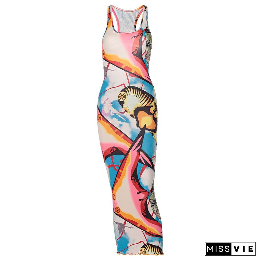 Sleeveless Hollow Out Straps Asymmetric Print Backless Ruched Sexy Maxi Dress Summer Women Streetwear Y2K