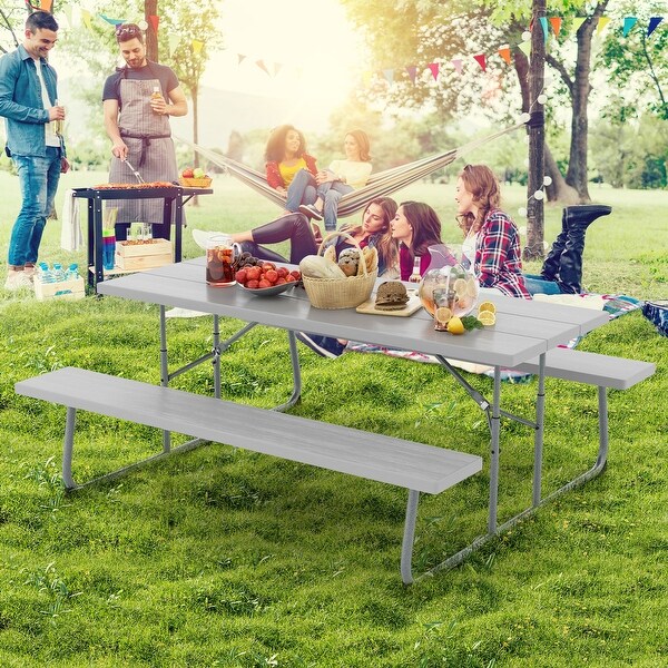 Folding Picnic Table Set with Metal Frame and AllWeather HDPE Tabletop，Umbrella Hole