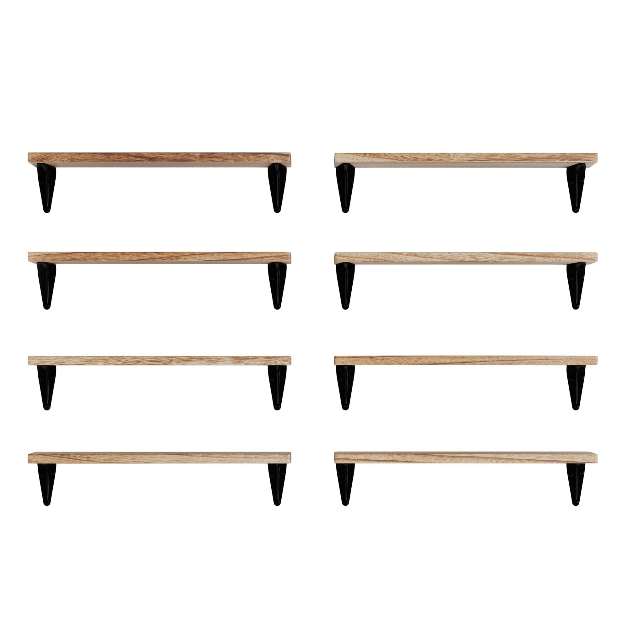 Wallniture Arras Wall Shelf for Bedroom Set of 8 Floating Shelves with Bracket Black Modern Farmhouse Decor Home Office Wall Bookcase, Natural Burned