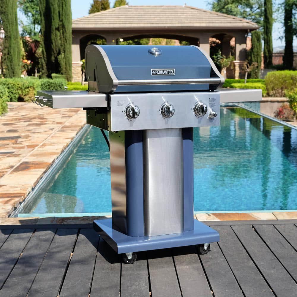 PERMASTEEL 3Burner Pedestal Propane Gas Grill in Azure with Side Hooks