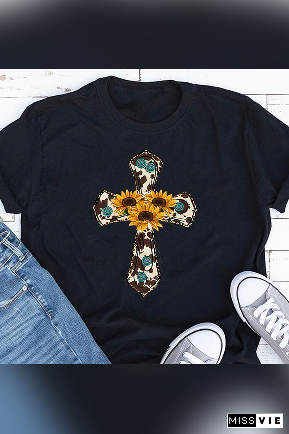 Cowhide,Sunflower Cross Short Sleeve Graphic Tee Top Wholesale