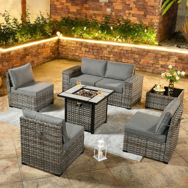 OVIOS Patio Wicker Furniture Wide Arm 7piece Fire Pit Set with Table