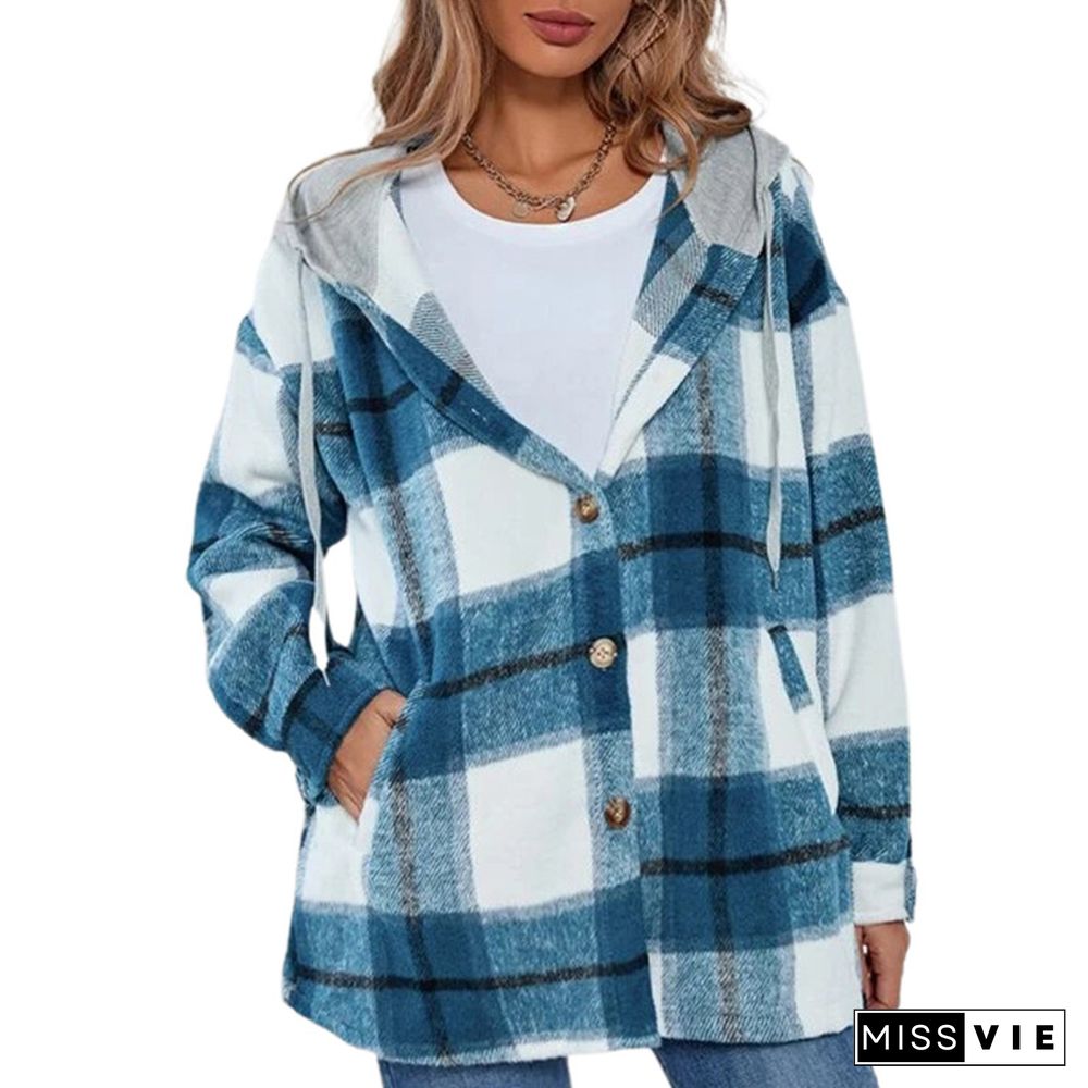 Plaid Jacket Women Overshirt Long Checkered Jackets Female Long Sleeve Winter Hooded Coat Shirt Jacket Harajuku Tops