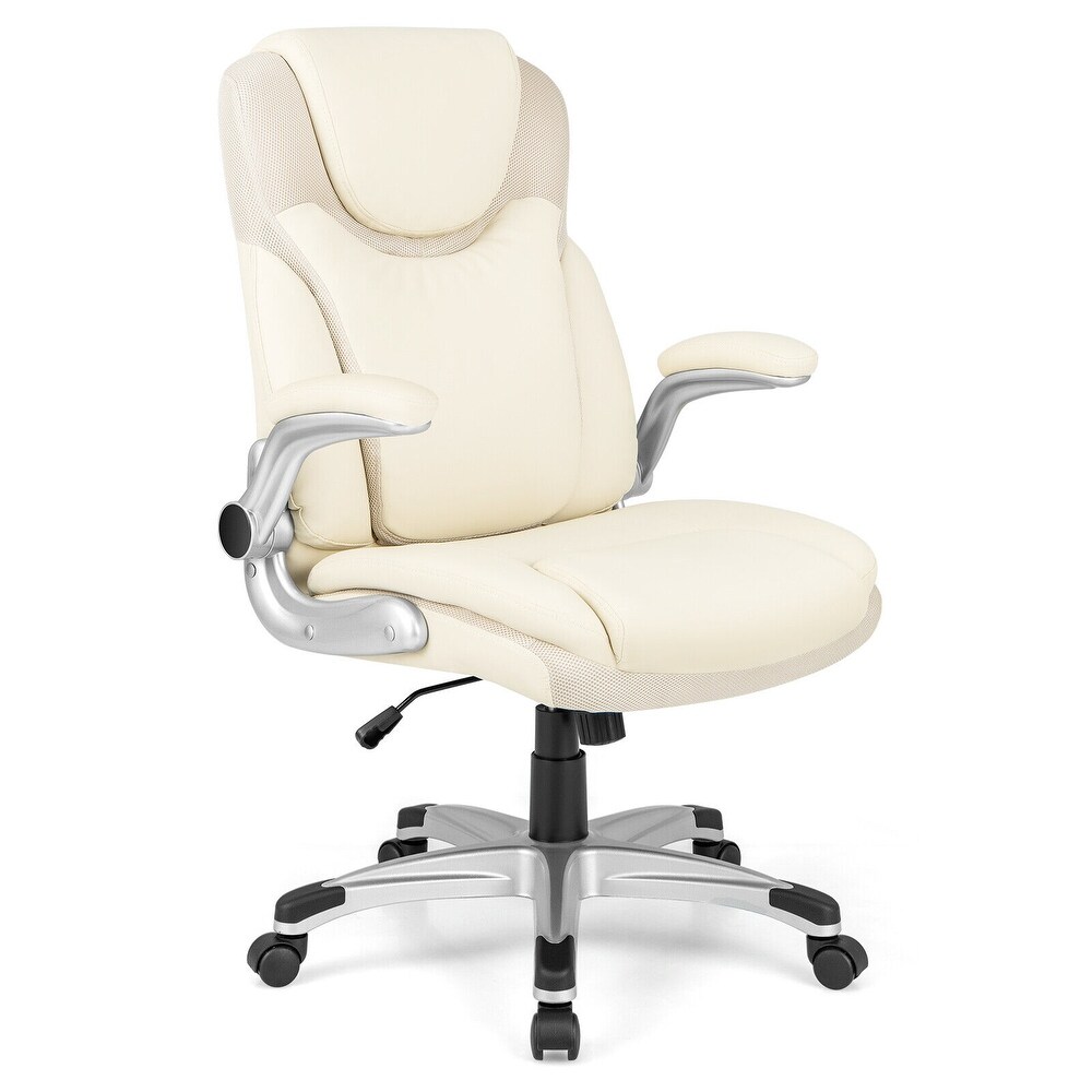 Ergonomic Office PU Leather Executive Chair with Flip up Armrests and Rocking Function White   28.5\